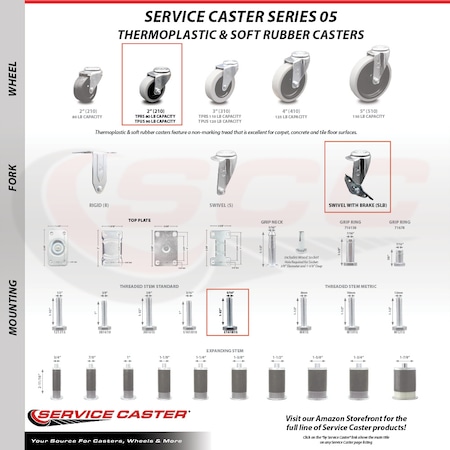 Service Caster 2 Inch Thermoplastic Wheel 5/16 Threaded Stem Caster Set with Brakes, 5PK SCC-TS05S210-TPRS-SLB-5161815-5